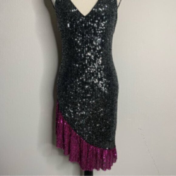 NWT One33 Social Black & Purple Sequin Colorblock Backless Halter Dress - Picture 8 of 13
